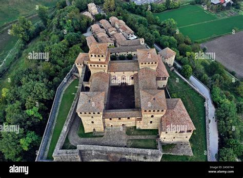 Torrechiara Castle aerial view - Torrechiara, Parma / Italy Stock Photo ...