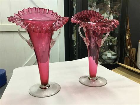 ANTIQUE CRANBERRY GLASS VASES PAIR FLUTED HUGE LARGE HANDLED