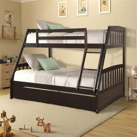 Wood Twin Over Full Bunk Beds, Kids Bunk Beds with Ladder, Safety Rail and Storage Drawers, Bunk ...