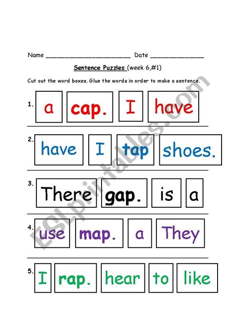 Sentence Puzzle, Week 6, #1 - ESL worksheet by Edugarden