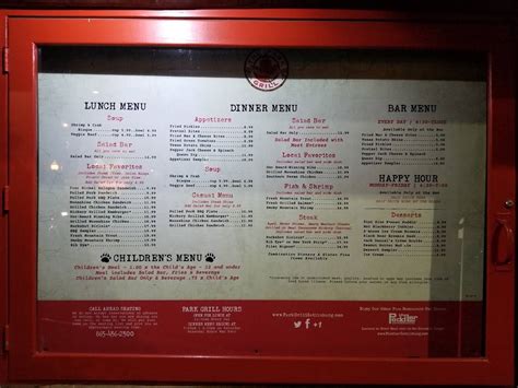 Menu at The Park Grill steakhouse, Gatlinburg, Parkway