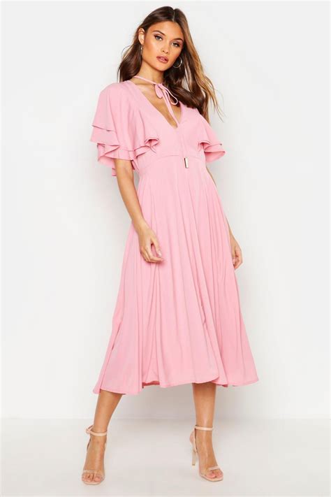 Ruffle Angel Sleeve Bolo Tie Midi Dress | boohoo | Midi dress, Pink ...