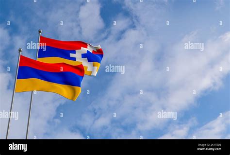 Armenia and Artsakh flags. Blue sky and flag Armenia and Artsakh, friendship Armenia and Artsakh ...