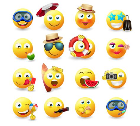 Emoji summer emoticon vector set. Emoticons in yellow icon with summer character beach and ...