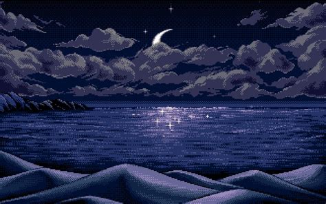 #4541516 horizon, blue, night, digital art, stars, landscape, nature, hills, pixel art, sea ...