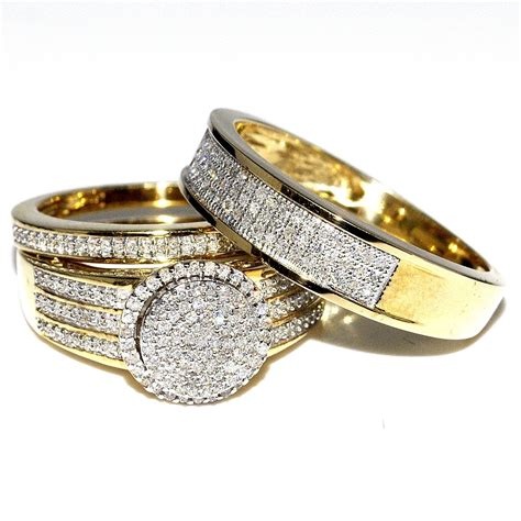 His and Her Bridal Rings Set Trio 0.65ct 10K Yellow Gold Halo Style Wedding Ring + Mens Wide ...