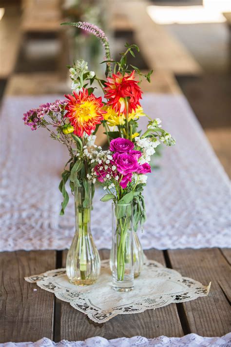 Colorful Wildflower Centerpieces in Glass Vases