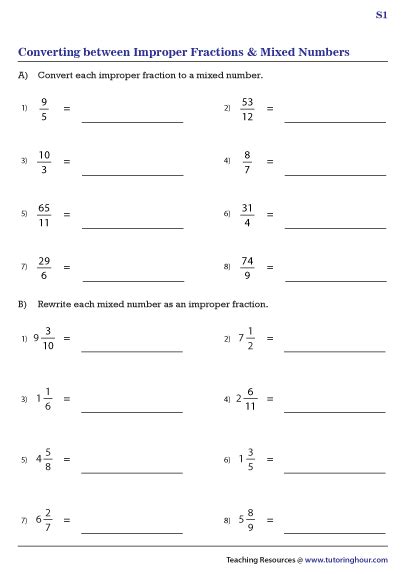 Convert between Improper Fractions and Mixed Numbers Worksheets