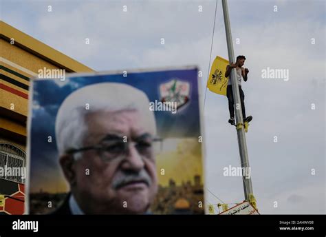 Portrait of Mahmoud Abbas during a rally marking the 55th anniversary of the Fatah movement ...