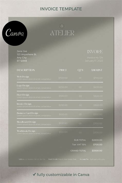INVOICE TEMPLATE Simple Invoice Design in Green Color Editable Printable Canva Template - Etsy ...