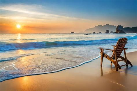 Premium Photo | A sunset on a beach with a beach chair and a sunset in the background.