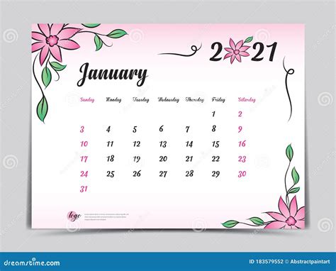 Calendar 2021 Template Pink Flower Concept Creative Design, January ...