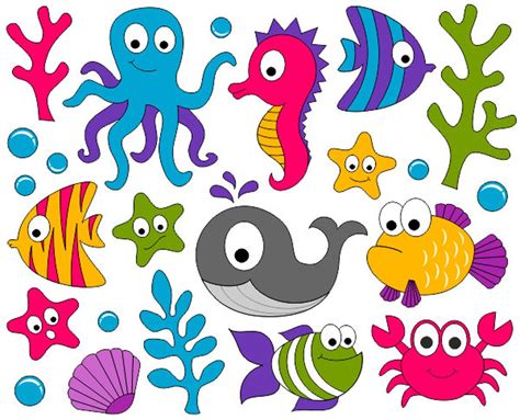 Under The Sea Clip Art - Ocean Digital ClipArt - Fishes, Whale, Crab, Seahorse - Instant ...