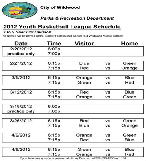 Basketball Game Schedule Template