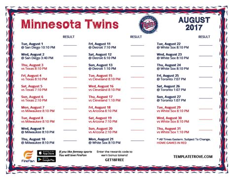 Printable 2017 Minnesota Twins Schedule