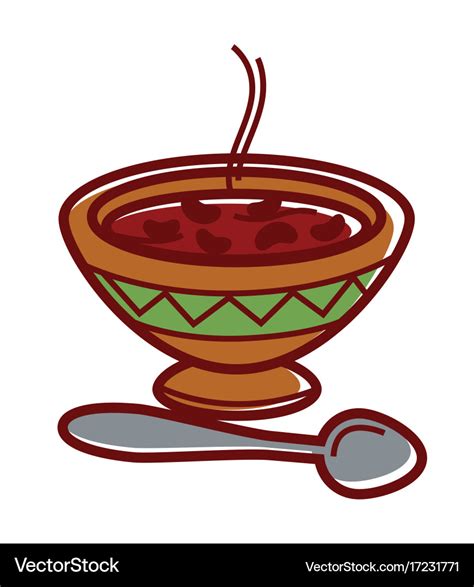 Hot bean soup in clay bowl with ornament Vector Image