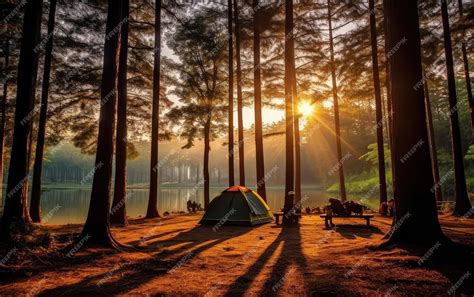 Premium AI Image | Camping in the pine forest with a campfire and a ...