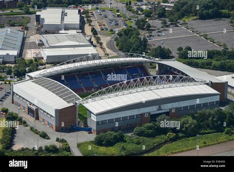 A close-up aerial view of the DW Stadium in Wigan, home of Wigan ...