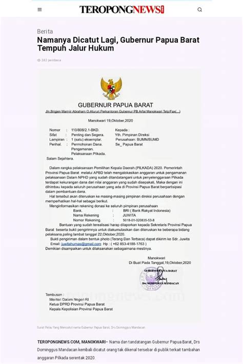 [SALAH] Surat Gubernur Papua Barat Meminta Bantuan Dana Pengamanan ...