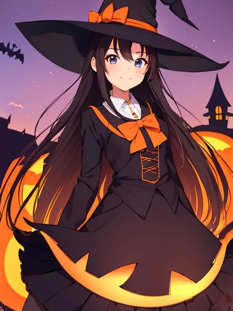 Premium AI Image | Cute witch girl on halloween night anime art for mobile wallpaper