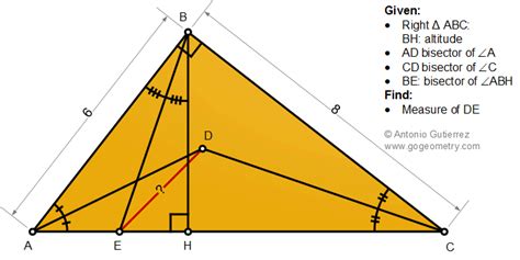 Geometry Problem 1487: Right Triangle, Altitude, Angle Bisectors, Measurement. Poster, Tutoring