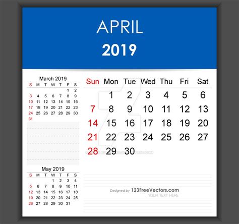 Editable April 2019 Calendar Template Free Vector by 123freevectors on DeviantArt