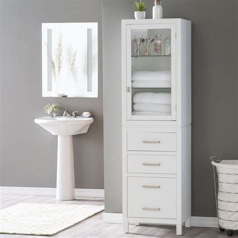 Tall Bathroom Storage Towel Cabinet Linen Tower Glass Door 3 Drawer Wood White #BLHome #Co ...