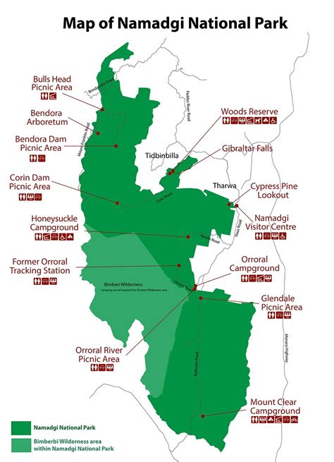 Map of Namadgi National park showing park boundaries and recreation areas. If you have ...