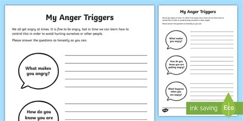 My Anger Triggers Worksheet - Wellbeing Teacher Resource - Twinkl