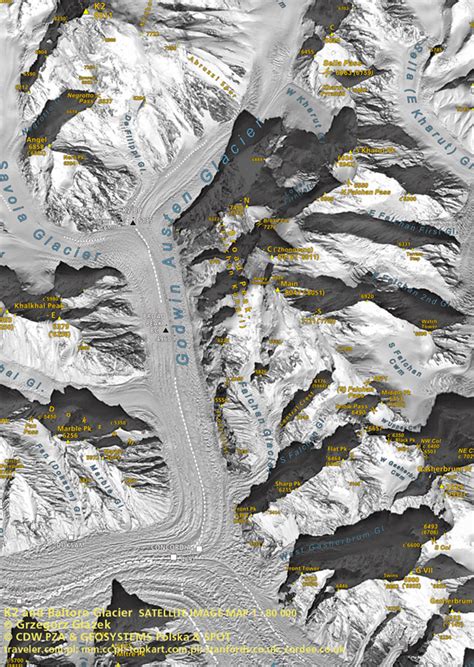 Broad Peak, K2, Concordia - K2 and Baltoro Glacier satellite image map 1:80,000 SPOT