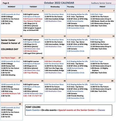 October Calendar – Sudbury Senior Center