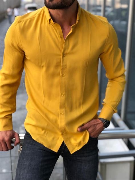 Yellow Buttoned Slim Fit Shirt | Yellow shirt men, Shirt outfit men ...