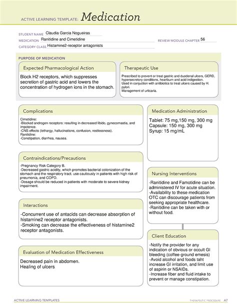 H2-receptor antagonists - ACTIVE LEARNING TEMPLATES THERAPEUTIC PROCEDURE A Medication STUDENT ...