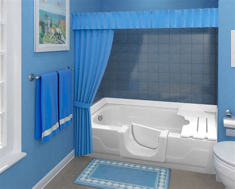 a bathroom with blue walls and curtains on the window sill, toilet and bathtub