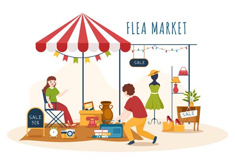 Flea Market Template Hand Drawn Cartoon Flat Illustration Second Hand Shop with Shoppers, Swap ...