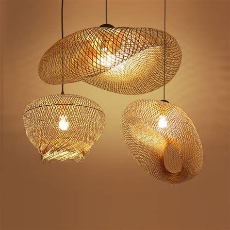 Bamboo Wicker Rattan Wave Shade Pendant Light Fixture Rustic Vintage Japanese Lamp Suspension ...
