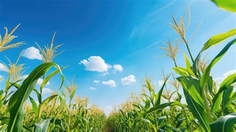 Premium AI Image | A photo of a field of yellow cornstalks blue sky