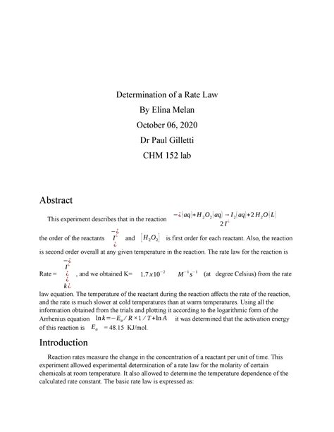 DEtermination of rate law - Determination of a Rate Law By Elina Melan ...