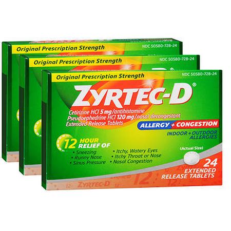 Zyrtec-D Allergy & Congestion 12 Hour Extended Release Tablets, 24ct pack of 3 - Walmart.com