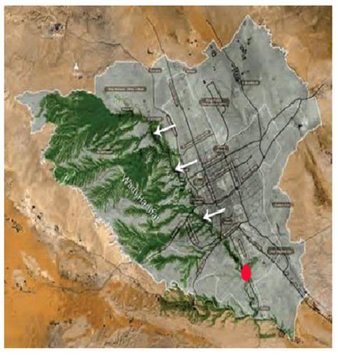 Map for Wadi Hanifah showing the main stream (arrows) and sampling site ...