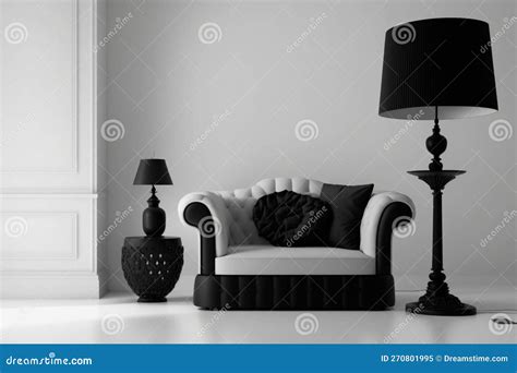 Interior Design Black Living Room Furniture and Lamp on White Wall with ...