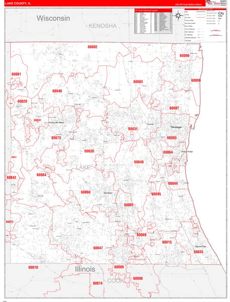 Lake County, IL Zip Code Wall Map Red Line Style by MarketMAPS - MapSales