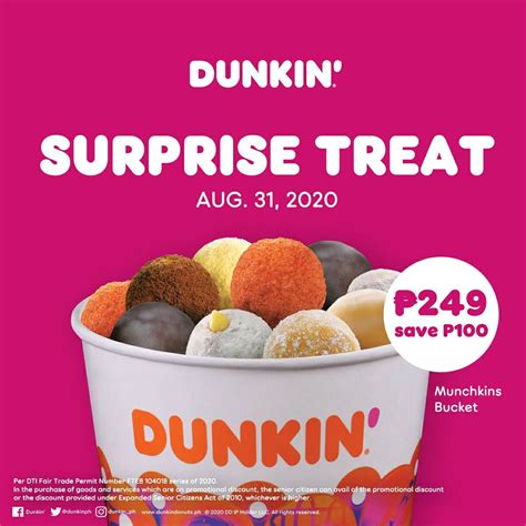 Dunkin Donuts – ₱100 Off Assorted Munchkin Bucket | Dunkin donuts donut flavors, Dunkin donuts ...