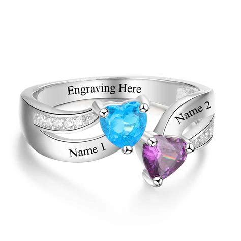 Promise Rings Personalized Birthstone Engrave 2 Names 925 Sterling Silver Heart Shape Jewelry ...