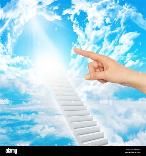 Finger indicates stairway to heaven with clouds and sun. Concept ...