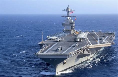 US Navy USS Gerald R Ford aircraft carrier conducts carrier qualifications