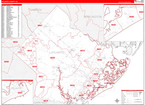 Atlantic County, NJ Zip Code Wall Map Red Line Style by MarketMAPS - MapSales