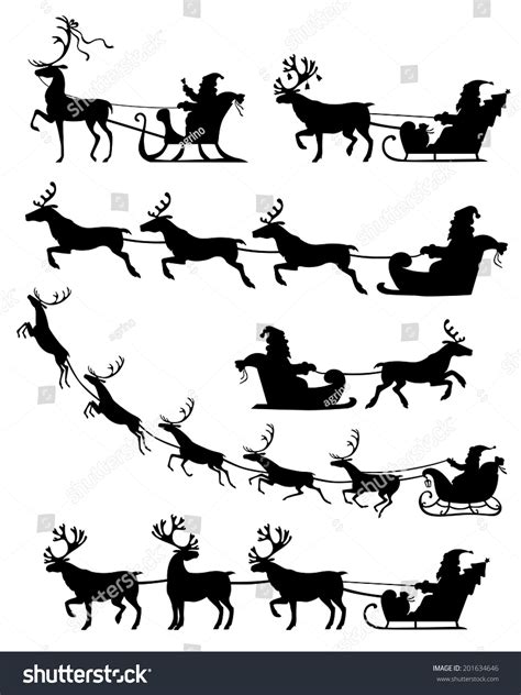 Set Of Silhouette Image Of Santa Claus Riding A Sleigh With Reindeer Stock Vector Illustration ...