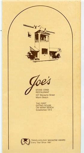 Joe's Stone Crab Restaurant Menu Biscayne St Miami Beach Florida 1984 ...