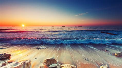 Colorful Body Of Water Waves During Sunrise Under Blue Sky 4K HD Nature ...